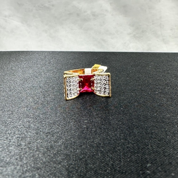 Bow Statement Ring Gold-Tone CZ Cocktail Ring Size 8 Red & Crystal Glam Loud - Picture 6 of 7